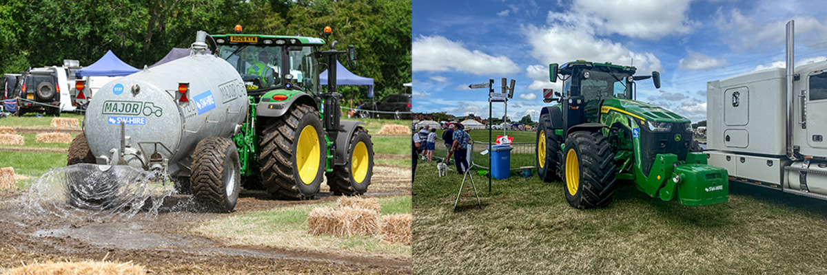 John Deere 6R130 and 1700 gallon tanker dust suppressing a race track, and 8R410 